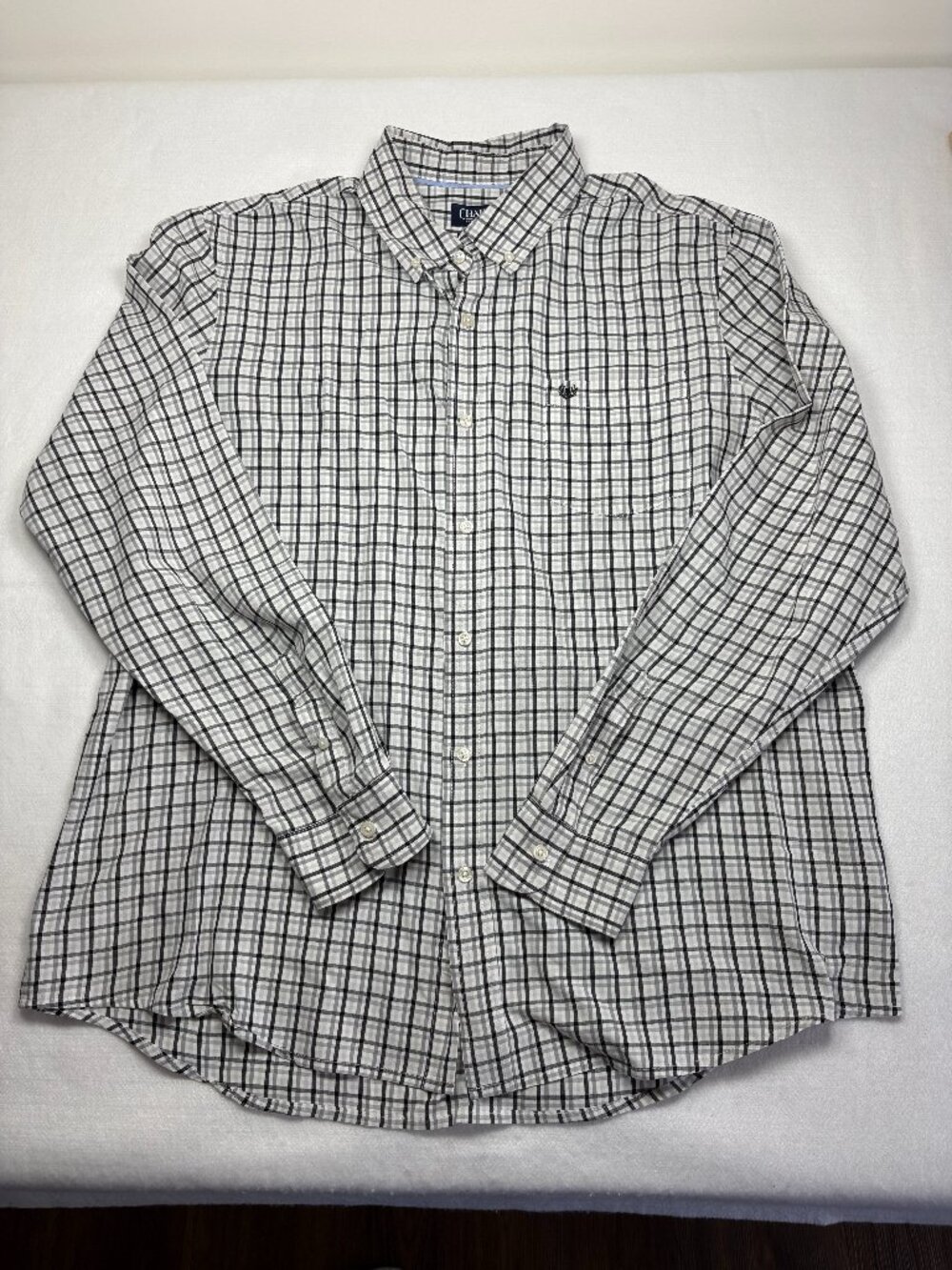Chaps Men’s Long Sleeve Plaid Button Down Dress Shirt Black Gray Preppy XXL
